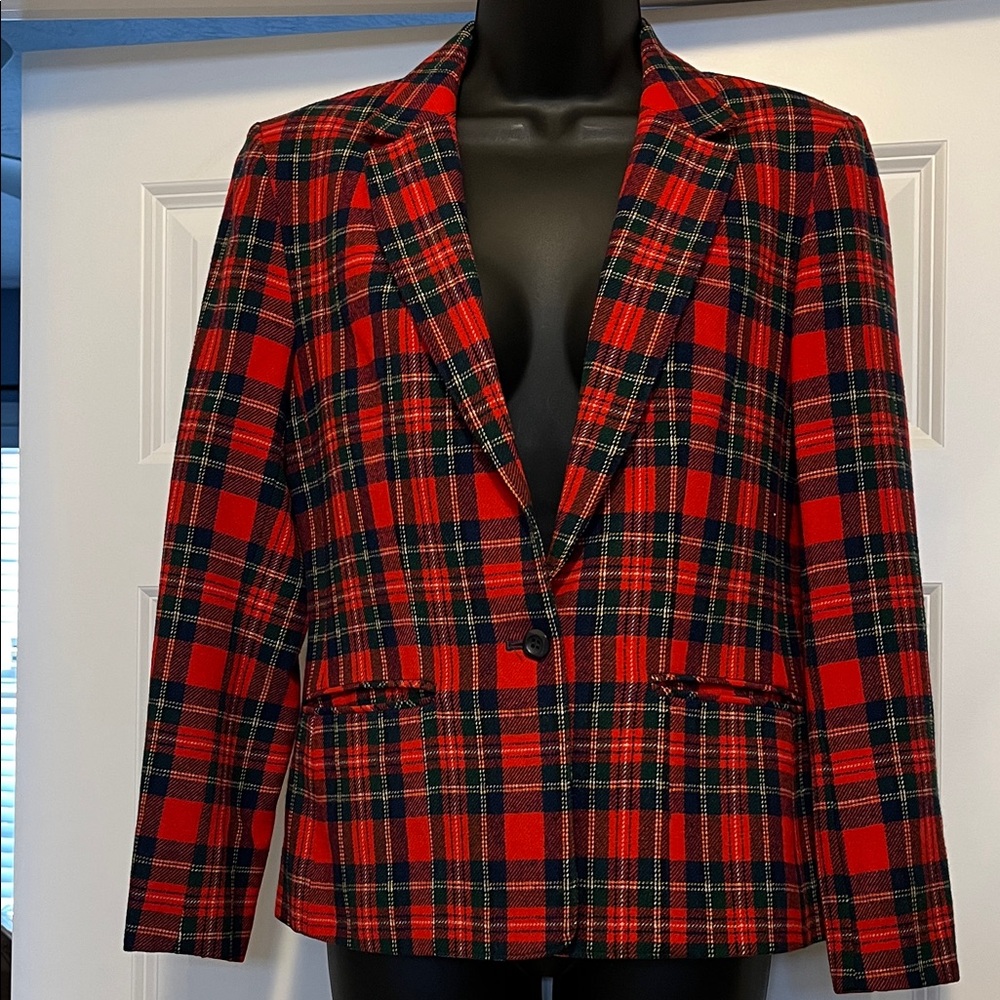 Pendleton Petite Red and Black Tartan Wool Plaid Blazer Vintage 1980’s
